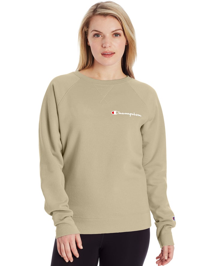 Champion Powerblend Fleece Classic Crew Script Logo Sweatshirt Dames - Khaki - Belgie 2507NBZTH